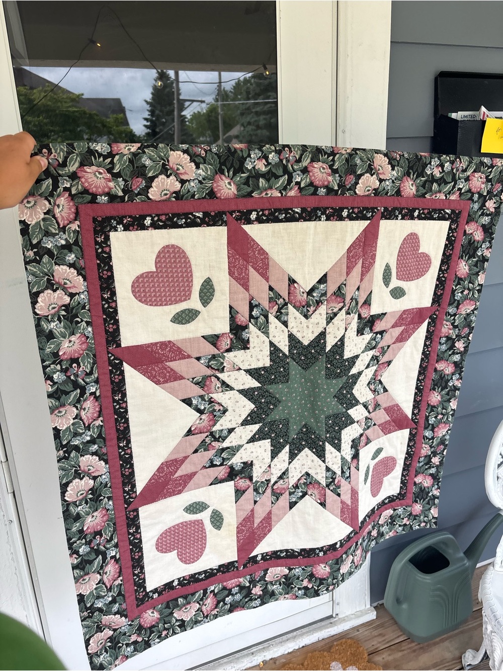 Handmade Floral Star Patchwork Quilt in Pink, Green and Cream
